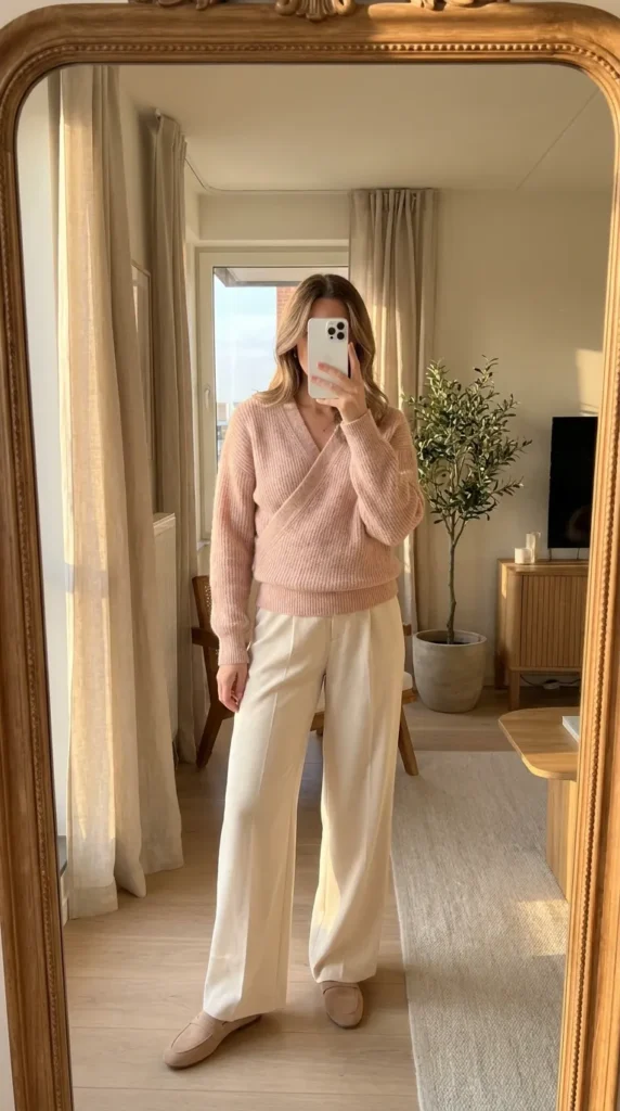 Woman in blush wrap sweater and wide-leg pants taking a mirror selfie – All Pink Outfit Ideas for Winter
