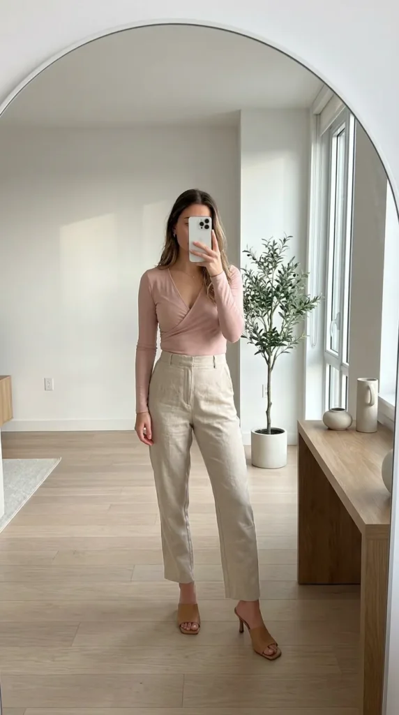 Woman in blush wrap top and beige high-waisted trousers with heels, chic light pink outfit ideas for fall.
