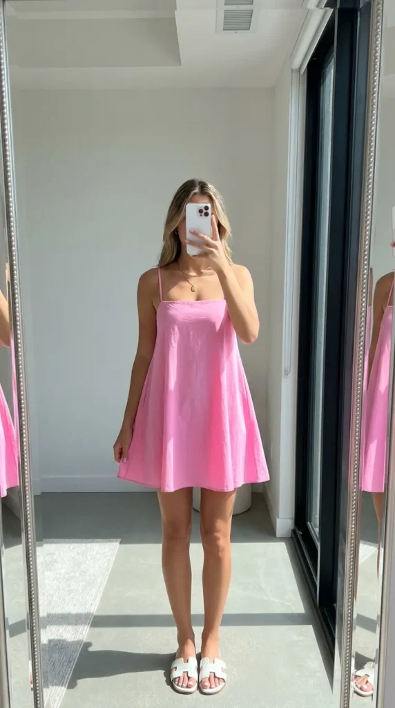 Woman in a bright bubblegum pink mini sundress with white slides, All Pink Summer Outfit Ideas.