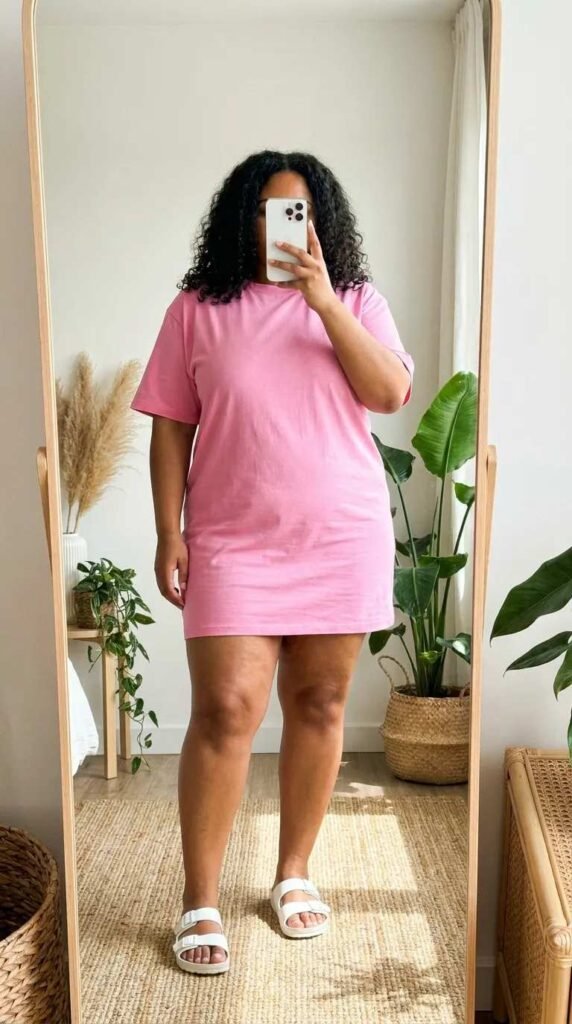 Plus size woman in bubblegum pink t-shirt dress and slides, casual All Pink Outfit Ideas for Plus Size women.