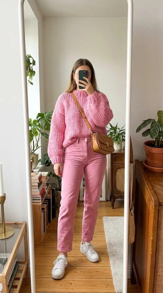 Woman in bubblegum pink sweater and pink jeans with crossbody bag – All Pink Outfit Ideas