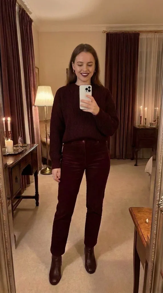 Woman in burgundy sweater, corduroy pants & boots smiling in Fall Monochrome Outfit Ideas.