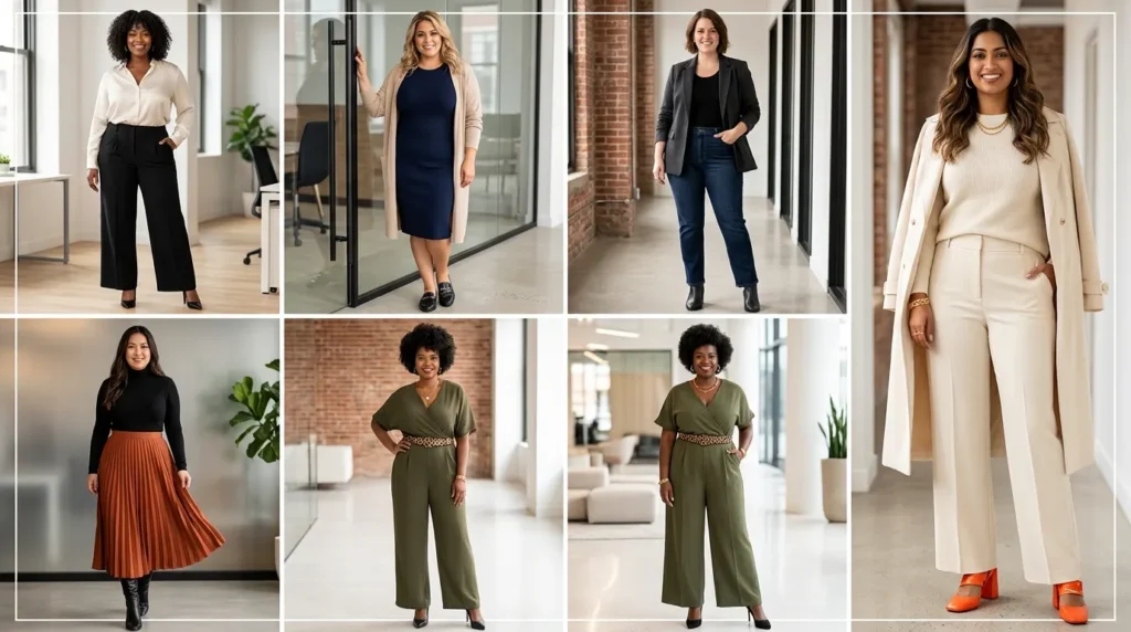Collage of plus-size women in stylish looks showcasing business casual outfit ideas for plus size women.
