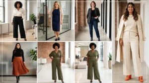 Collage of plus-size women in stylish looks showcasing business casual outfit ideas for plus size women.