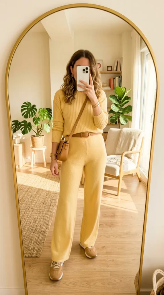 Woman in yellow sweater and matching pants with bag posing in mirror. Monochrome Outfit Ideas That Make Getting Dressed Ridiculously Easy
