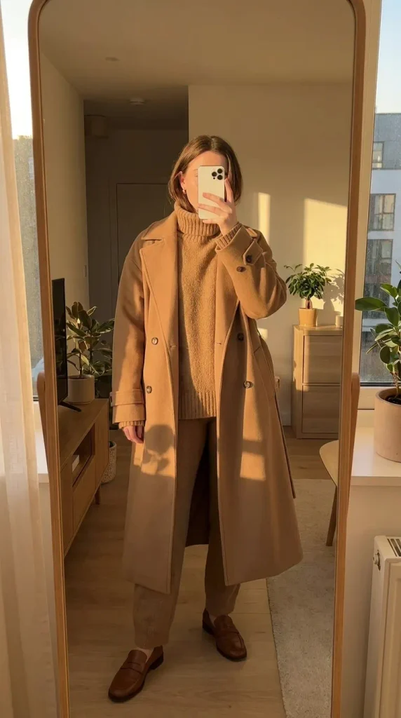 Woman in camel trench coat, turtleneck & trousers with loafers – Fall Monochrome Outfit Ideas.