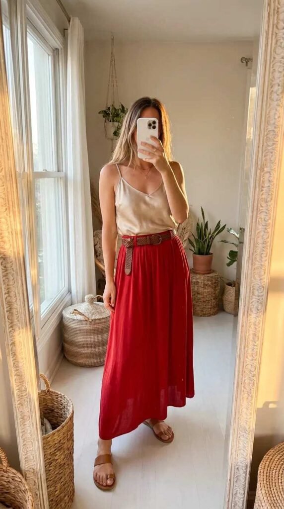 Woman in silk camisole and belted long red skirt outfit ideas for this summer posing in a sunny room.