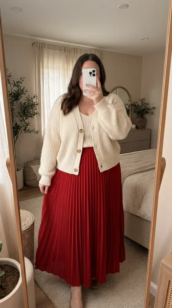 Plus size woman in cream cardigan and long red pleated skirt, soft Long Red Skirt Outfit Ideas for Plus Size women