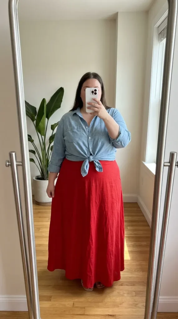 Curvy woman in tied chambray shirt and long red maxi skirt, relaxed Long Red Skirt Outfit Ideas for Plus Size women