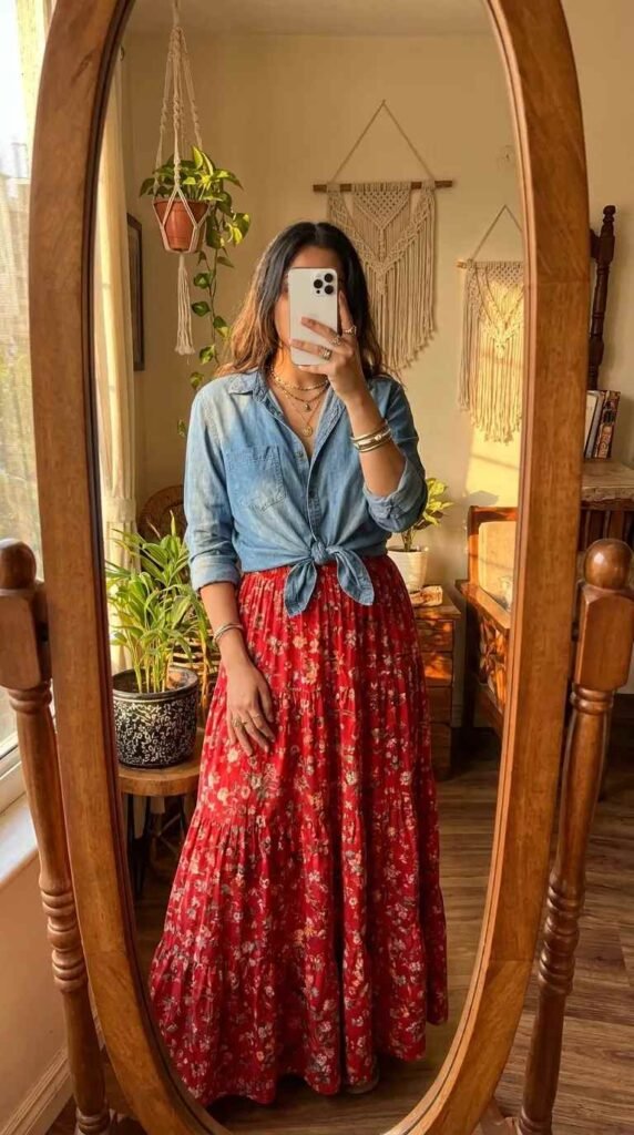 Woman in knotted chambray shirt and tiered floral long red skirt outfit ideas for this summer.