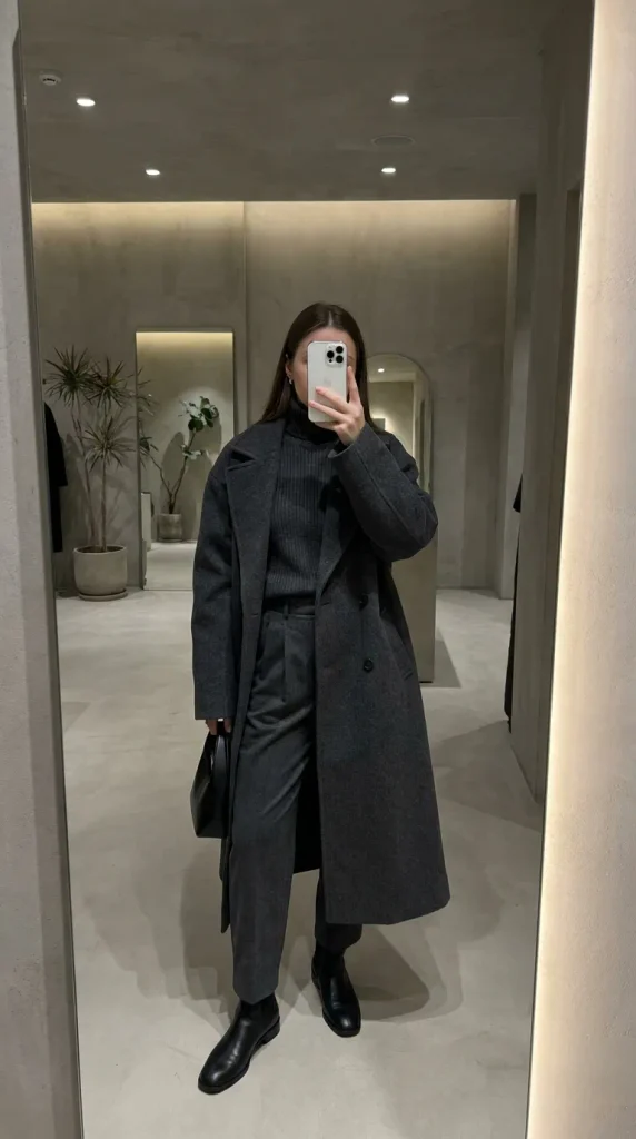 Woman in charcoal coat, turtleneck, trousers & boots with bag – Fall Monochrome Outfit Ideas.