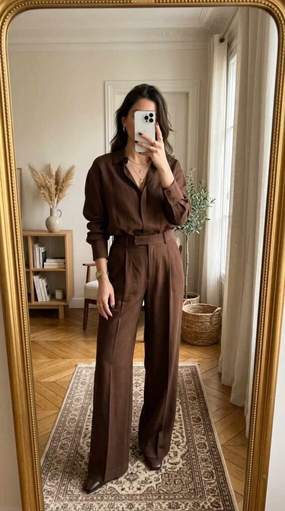 Woman in brown button-up shirt and matching wide-leg pants posing in mirror. Monochrome Outfit Ideas That Make Getting Dressed Ridiculously Easy