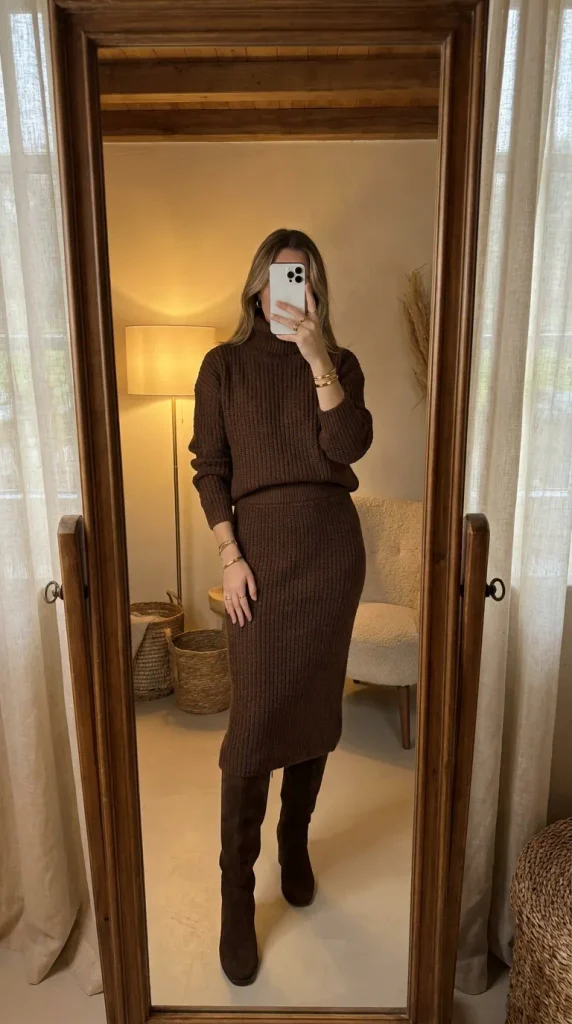Woman in chocolate brown knit sweater-skirt set & boots creating Fall Monochrome Outfit Ideas.