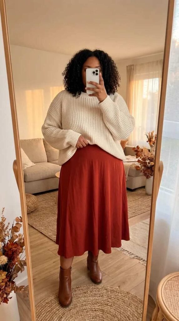 Curvy woman in chunky knit sweater and long red skirt, cozy Long Red Skirt Outfit Ideas for Plus Size women