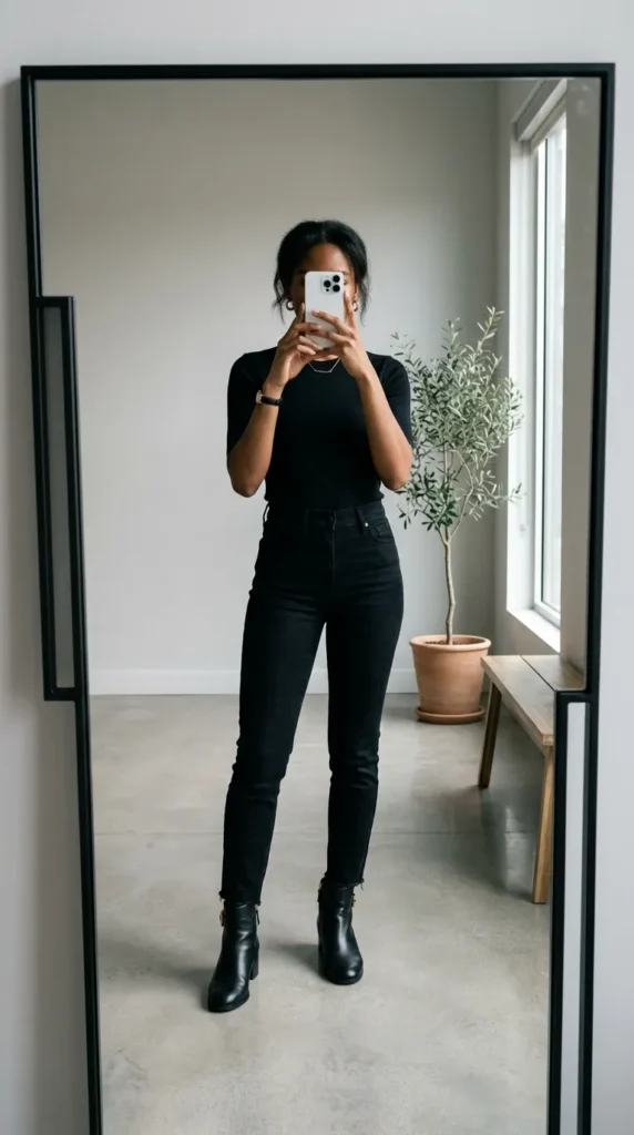 Woman in black top, jeans and boots posing for full-length mirror selfie. Monochrome Outfit Ideas That Make Getting Dressed Ridiculously Easy