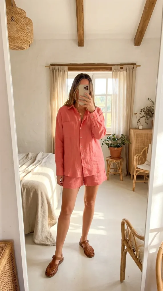 Woman in coral pink linen shirt and shorts set – All Pink Outfit Ideas