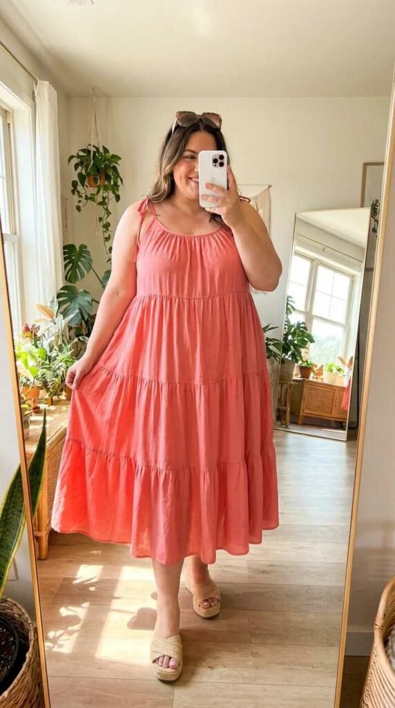 Plus size woman in coral pink tiered sundress, breezy All Pink Outfit Ideas for Plus Size women look.