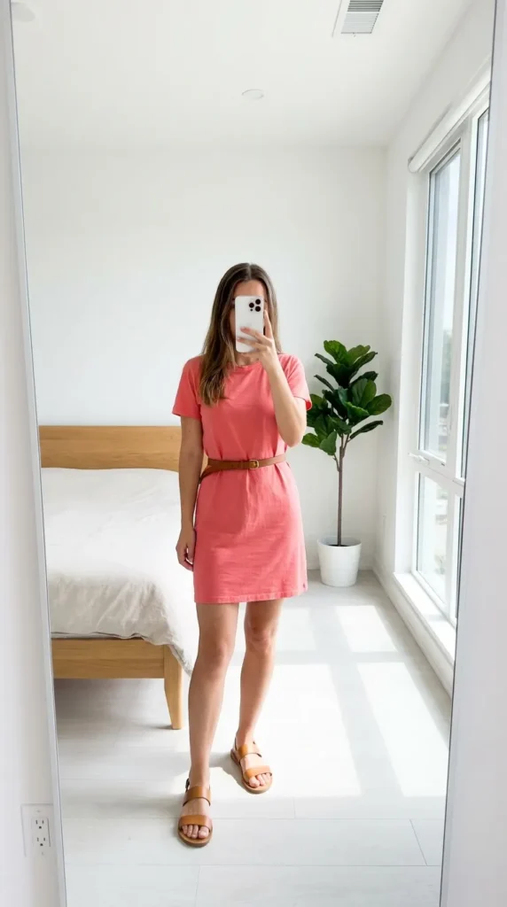 Woman in a coral pink belted t-shirt dress with brown sandals, simple All Pink Summer Outfit Ideas.