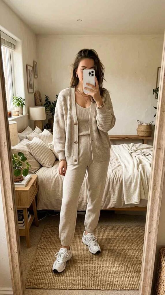 Woman in oatmeal cardigan, tank and joggers taking bedroom mirror selfie. Monochrome Outfit Ideas That Make Getting Dressed Ridiculously Easy