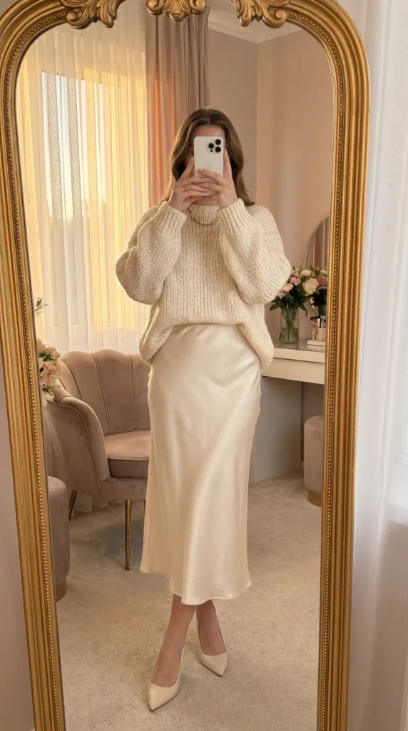 Woman in cream knit sweater, satin midi skirt & heels creating soft Fall Monochrome Outfit Ideas.