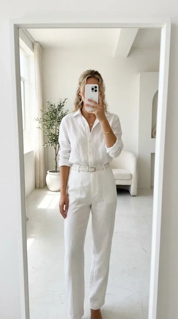 Woman in white shirt and trousers taking mirror selfie in bright room. Monochrome Outfit Ideas That Make Getting Dressed Ridiculously Easy