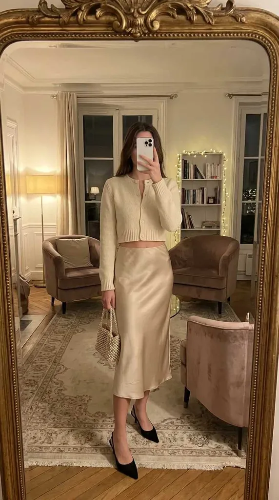 Woman in cropped cream cardigan, satin slip skirt and kitten heels for New Year Outfit Ideas Parties.
