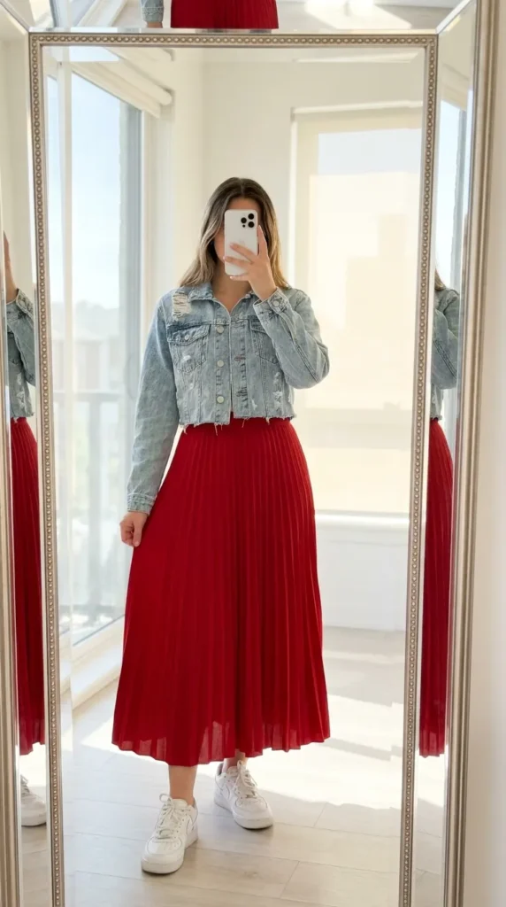 Woman in cropped denim jacket with pleated long red skirt outfit ideas for this summer and white sneakers.
