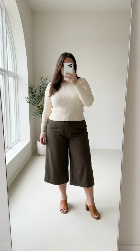 Plus-size woman in cream knit top and olive culottes as business casual outfit ideas for plus size women.