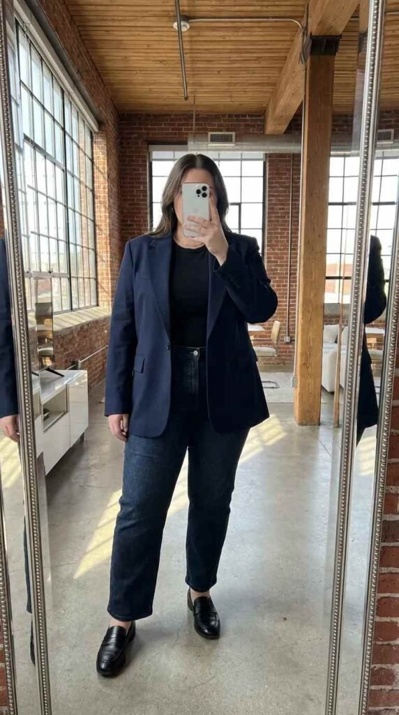 Plus-size woman in dark jeans and navy blazer offering business casual outfit ideas for plus size women.