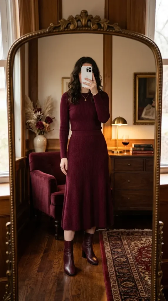Woman in deep burgundy knit sweater and skirt taking mirror selfie. Monochrome Outfit Ideas That Make Getting Dressed Ridiculously Easy