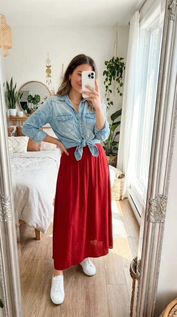Woman in knotted denim shirt with long red skirt outfit ideas for this summer in a bright bedroom