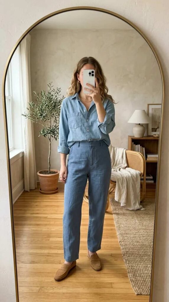 Woman in sage green shirt and matching trousers taking mirror selfie. Monochrome Outfit Ideas That Make Getting Dressed Ridiculously Easy