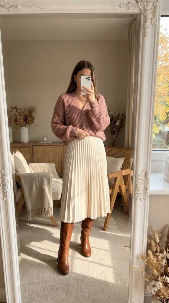 Woman in dusty pink cardigan and cream midi skirt displaying All Pink Fall Outfit Ideas indoors.
