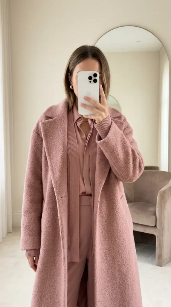 Woman in textured dusty pink coat and monochrome layers showing All Pink Fall Outfit Ideas.