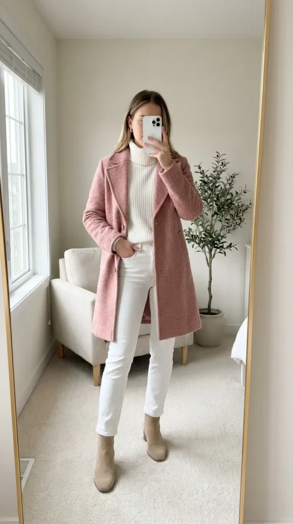 Woman in dusty pink coat over white turtleneck and white jeans – All Pink Outfit Ideas for Winter