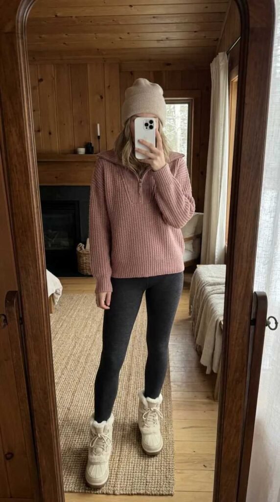 Light Pink Outfit Ideas for Winter showing a dusty pink half-zip sweater, leggings and moon boots.