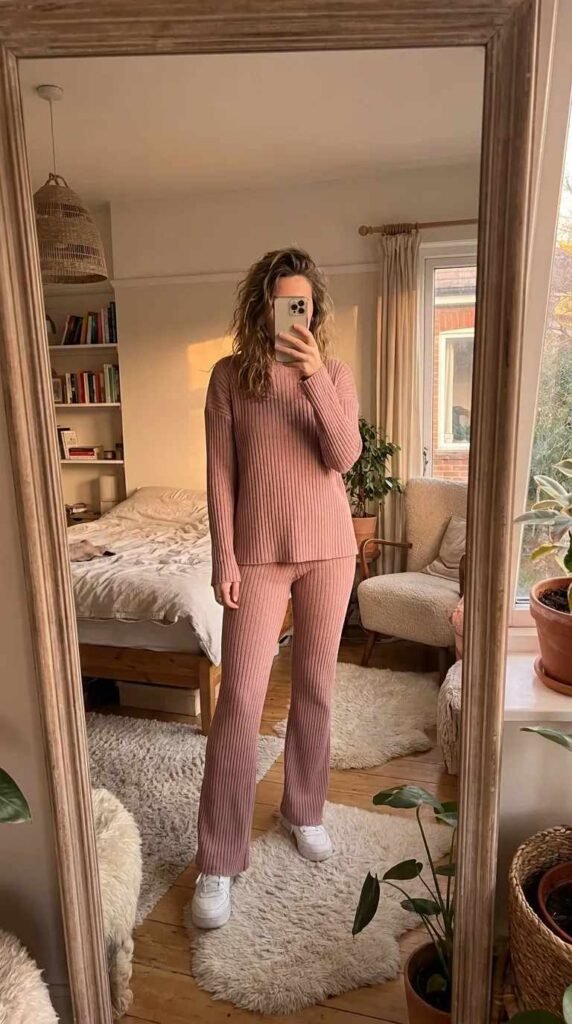 Woman in matching dusty pink ribbed knit sweater and pants – All Pink Outfit Ideas