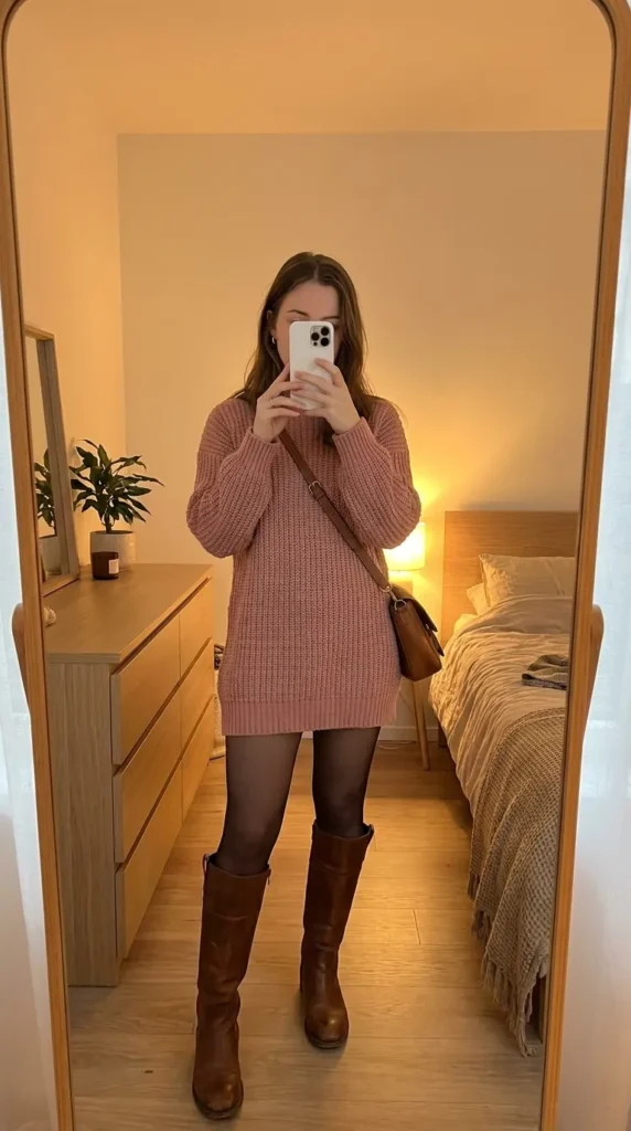 Woman in dusty pink sweater dress with tights and tall boots, cozy light pink outfit ideas for fall.