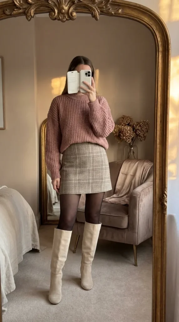 Light Pink Outfit Ideas for Winter featuring a dusty pink sweater, plaid mini skirt, tights and boots.