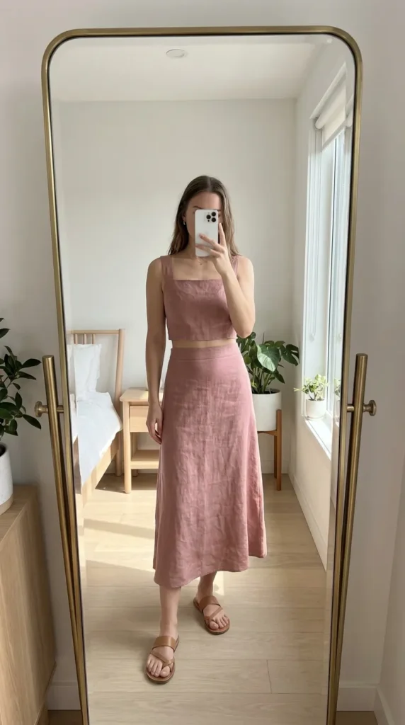 Woman in a dusty pink crop top and matching midi skirt, fresh All Pink Summer Outfit Ideas look.
