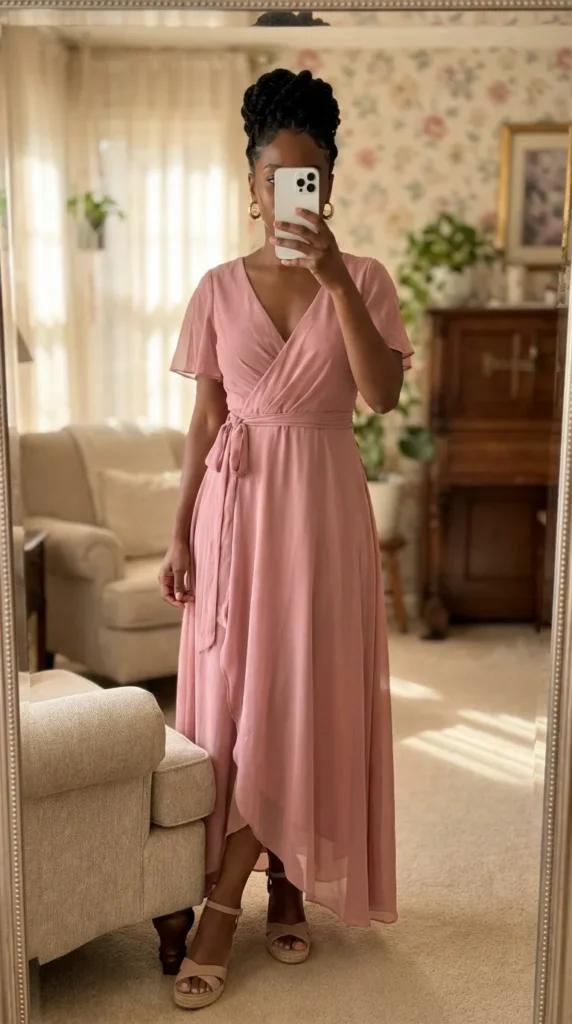 Black woman in dusty pink wrap midi dress and wedge sandals – All Pink Outfit Ideas for Black Women