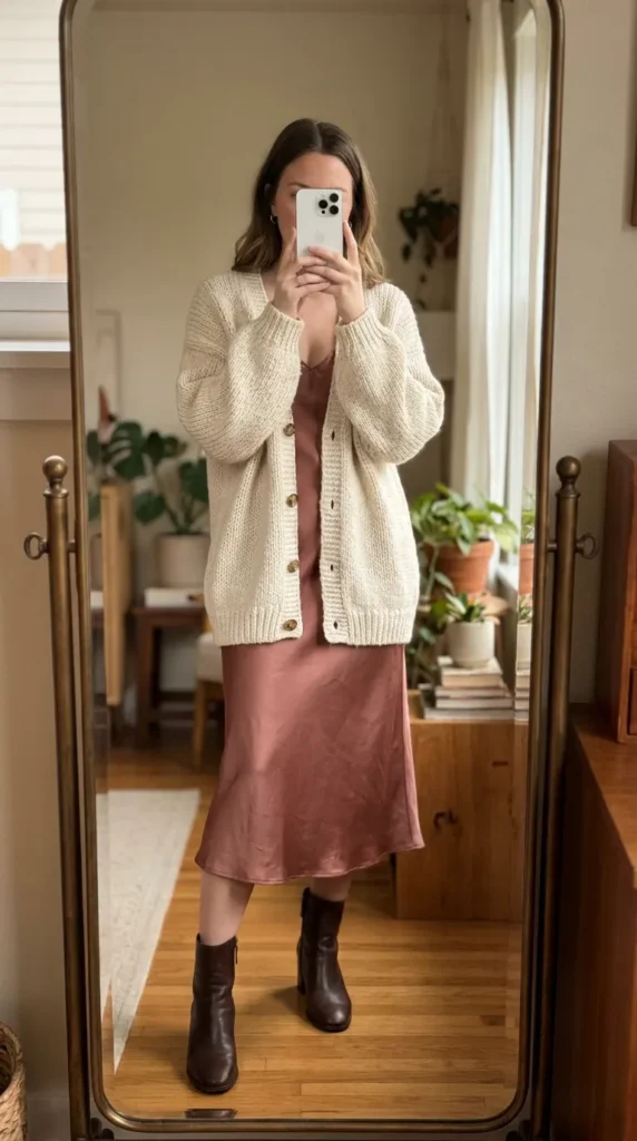 Woman in dusty rose slip dress and chunky cardigan presenting All Pink Fall Outfit Ideas at home.