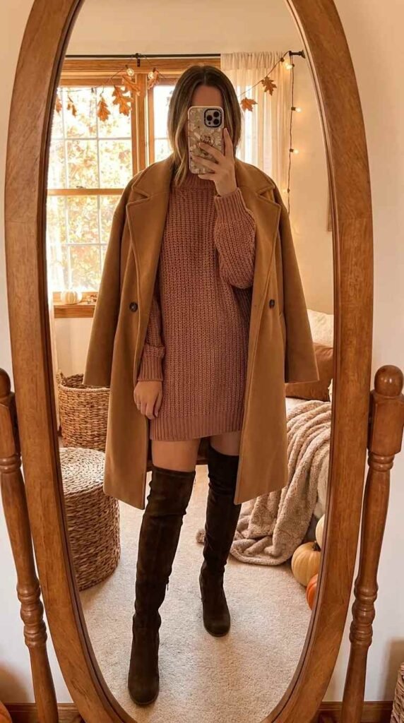Woman in dusty rose sweater dress, tan coat and over-the-knee boots – All Pink Outfit Ideas
