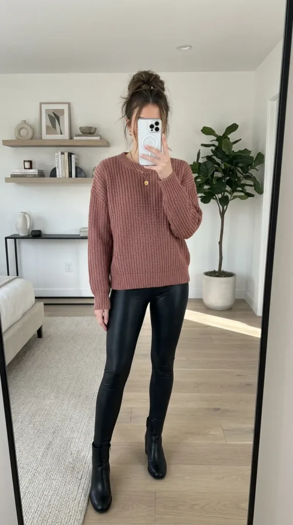 Woman in dusty rose sweater and black leather leggings with boots, bold light pink outfit ideas for fall.