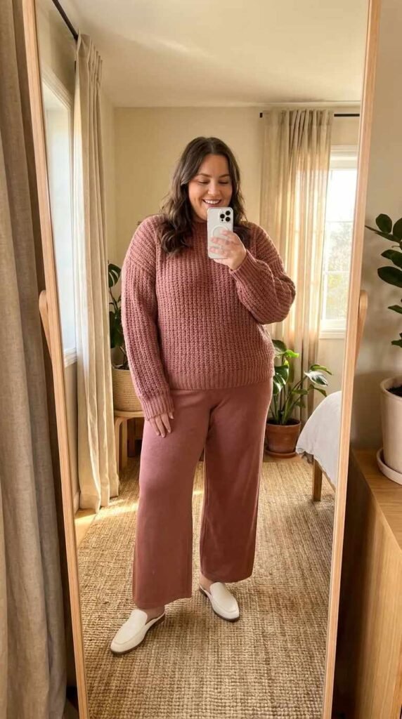 Plus size woman in dusty rose sweater and matching pants, soft All Pink Outfit Ideas for Plus Size women.