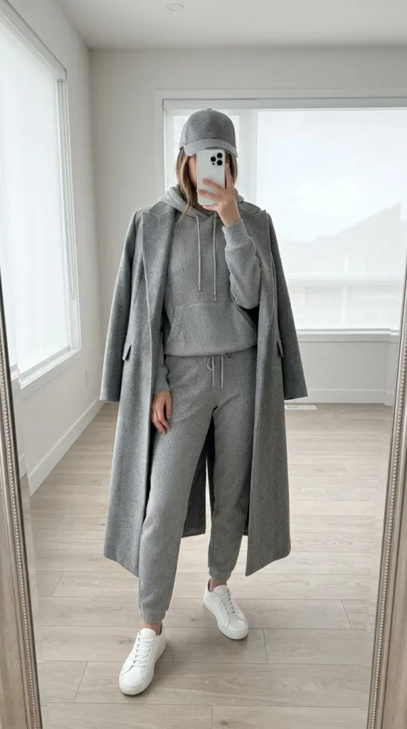 Woman in grey hoodie sweatsuit, long coat, cap & sneakers for elevated Fall Monochrome Outfit Ideas.