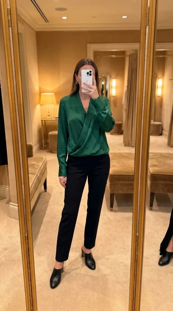 Refined New Year Eve Outfit Ideas for Women in emerald wrap blouse and black tailored pants.