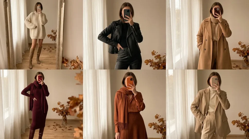 Collage of six stylish monochrome looks featuring Fall Monochrome Outfit Ideas in neutral tones.