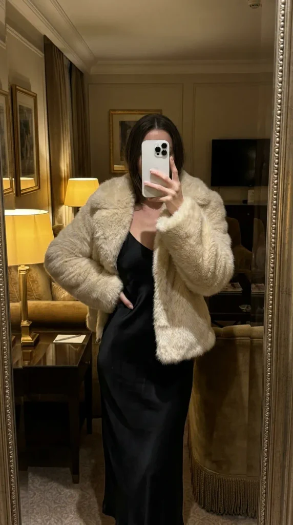 Glam New Year Eve Outfit Ideas for Women featuring cream faux fur jacket over black dress.