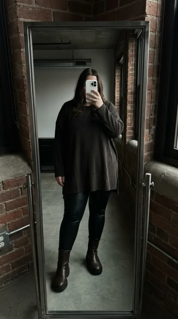 Plus-size woman in brown tunic and leather leggings as business casual outfit ideas for plus size women.